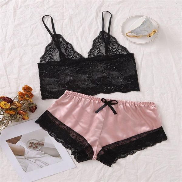women's shorts women lace pyjamas set satin v-neck sleeveless summer sleepwear camisole nightwear sleep sets, White;black
women's shorts women lace pyjamas set satin v-neck sleeveless summer sleepwear camisole nightwear sleep sets, White;black