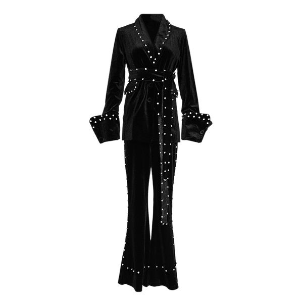 women shawl collar velvet jacket sash pants suit two pieces set diamond t0110 210514, White
women shawl collar velvet jacket sash pants suit two pieces set diamond t0110 210514, White
