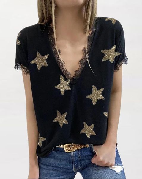 women's t-shirt summer t shirt fashion print star t-shirts casual lace stitching short sleeves sleeve camisetas verano mujer, White
women's t-shirt summer t shirt fashion print star t-shirts casual lace stitching short sleeves sleeve camisetas verano mujer, White