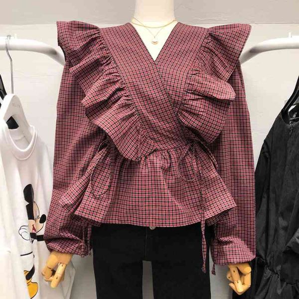 korean fashion sweet ruffles plaid shirts blouse women chic slim waist lace up blusas mujer long sleeve womens 210514, White
korean fashion sweet ruffles plaid shirts blouse women chic slim waist lace up blusas mujer long sleeve womens 210514, White
