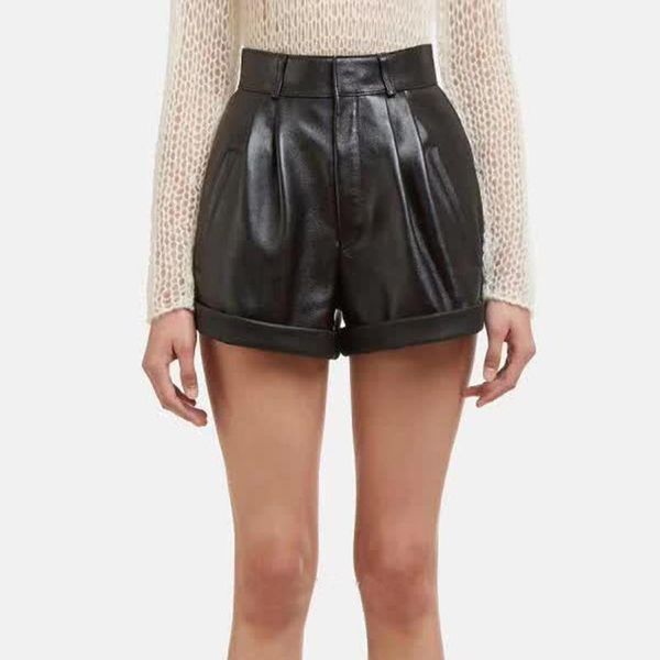 women's shorts women high waist genuine leather wide leg cuffed casual, White;black
women's shorts women high waist genuine leather wide leg cuffed casual, White;black