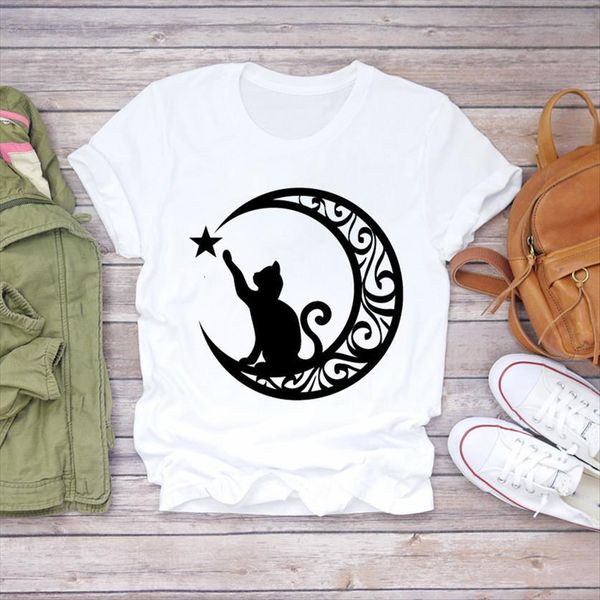 cat star space cute animal womens t shirt pet 90s style summer autumn print lady graphic female tee, White 
cat star space cute animal womens t shirt pet 90s style summer autumn print lady graphic female tee, White