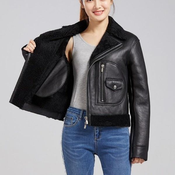 women's fur & faux natural punk sheepskin women motorcycle biker shearling coat genuine leather real wool liner short jacket winter out, Black
women's fur & faux natural punk sheepskin women motorcycle biker shearling coat genuine leather real wool liner short jacket winter out, Black