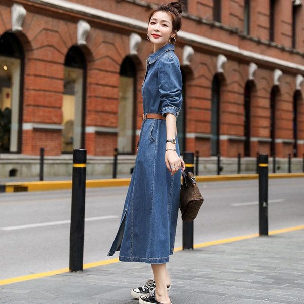 party dresses 2021 women autumn korean vintage blue denim dress female lapel collar half sleeve single breasted jeans long maxi z671, White;black
party dresses 2021 women autumn korean vintage blue denim dress female lapel collar half sleeve single breasted jeans long maxi z671, White;black