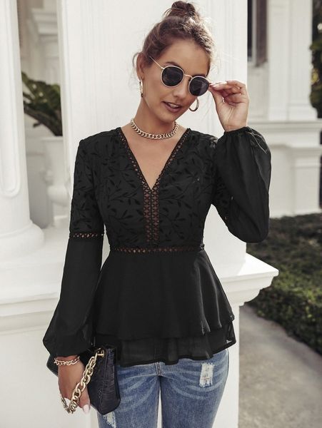 plant embroidery guipure lace insert lantern sleeve peplum blouse a8w0#, White 
plant embroidery guipure lace insert lantern sleeve peplum blouse a8w0#, White