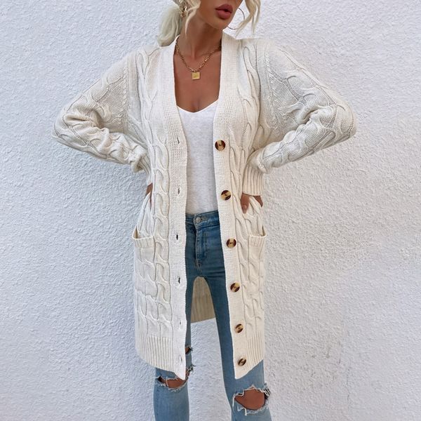 2022 newwomen's sweaters solid color long single breasted twist pocket cardigan sweater, White;black
2022 newwomen's sweaters solid color long single breasted twist pocket cardigan sweater, White;black