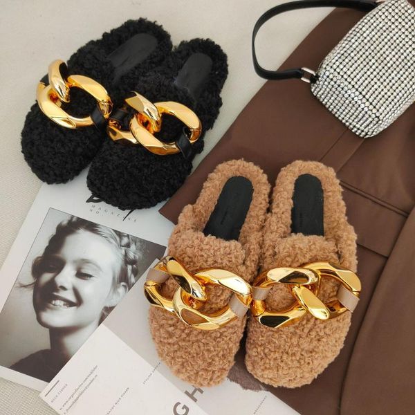 metal chain baotou hairy slippers women's winter lamb wool platform loafers mules half-drag, Black
metal chain baotou hairy slippers women's winter lamb wool platform loafers mules half-drag, Black