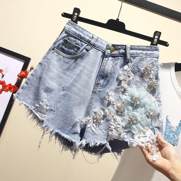 women's shorts 2021 summer flowers embroidery wide leg denim women high waist casual female plus size jeans, White;black 
women's shorts 2021 summer flowers embroidery wide leg denim women high waist casual female plus size jeans, White;black