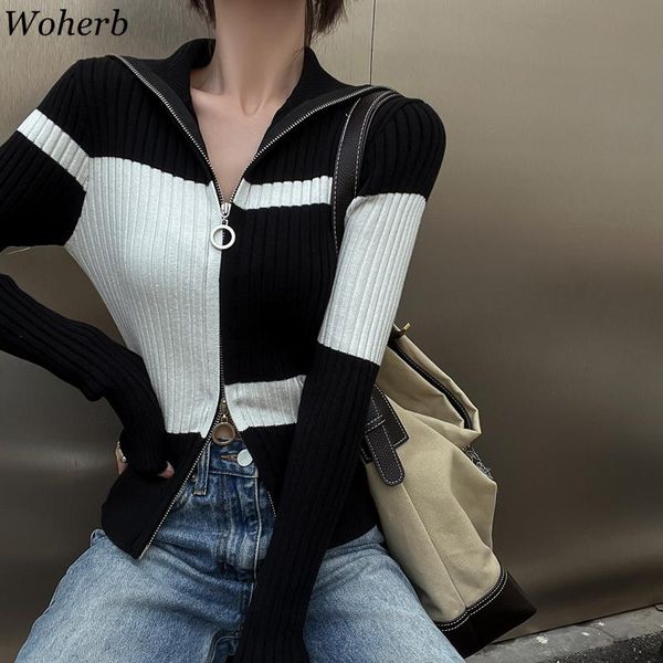 women's knits & tees woherb fall 2021 women clothing turtleneck zipper knit cardigan mujer fashion plaid slim fit y2k cropped sweater, White
women's knits & tees woherb fall 2021 women clothing turtleneck zipper knit cardigan mujer fashion plaid slim fit y2k cropped sweater, White