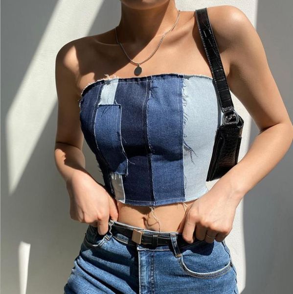 style women's lace up tube denim strapless patchwork self tie back party bandeau crop summer tanks & camis, White
style women's lace up tube denim strapless patchwork self tie back party bandeau crop summer tanks & camis, White