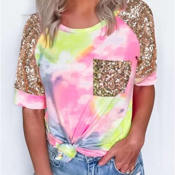 women's t-shirt tie dye printed rainbow gradient sequins short sleeve for women dceu, White
women's t-shirt tie dye printed rainbow gradient sequins short sleeve for women dceu, White