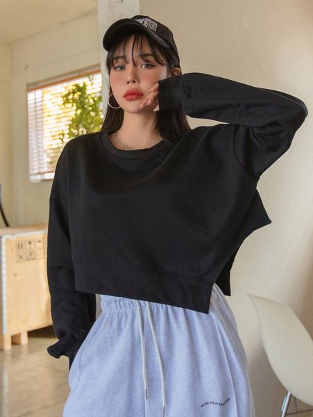 dazy drop shoulder asymmetrical hem sweatshirt q0on#, White;black