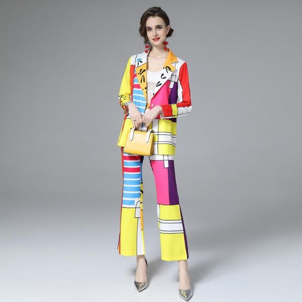 women's two piece pants women contrast geometry print blazer coat + flared set autumn winter office jacket suit female formal, White
women's two piece pants women contrast geometry print blazer coat + flared set autumn winter office jacket suit female formal, White