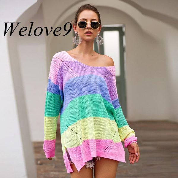 women's sweaters autumn winter thin multicolor stripe women patchwork knitted sweater off shoulder rainbow striped split loose knitwear, White;black
women's sweaters autumn winter thin multicolor stripe women patchwork knitted sweater off shoulder rainbow striped split loose knitwear, White;black