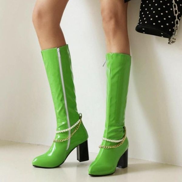 boots handmade custom size color pointy toe elegant pearl chain strap women's knee high soft patent leather big 48, Black
boots handmade custom size color pointy toe elegant pearl chain strap women's knee high soft patent leather big 48, Black