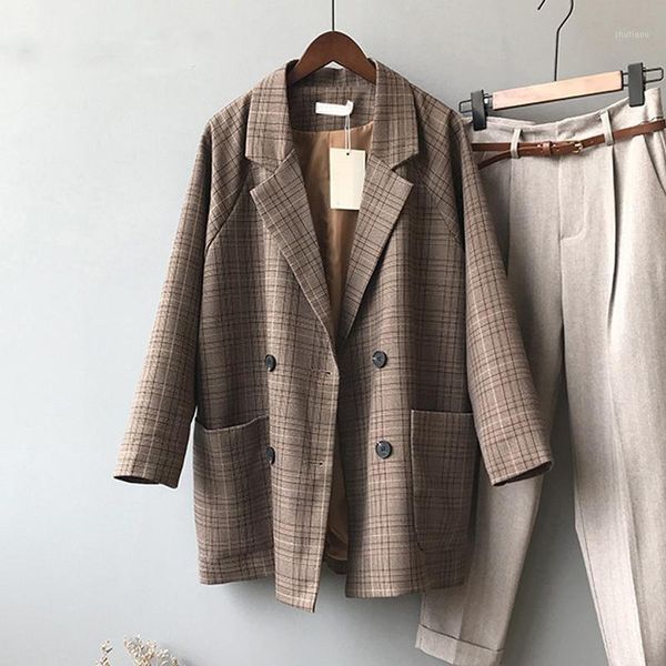vintage plaid blazer jacket for women loose long sleeve office coat with pockets casual double breasted outerwear women's wool & blend, Black
vintage plaid blazer jacket for women loose long sleeve office coat with pockets casual double breasted outerwear women's wool & blend, Black