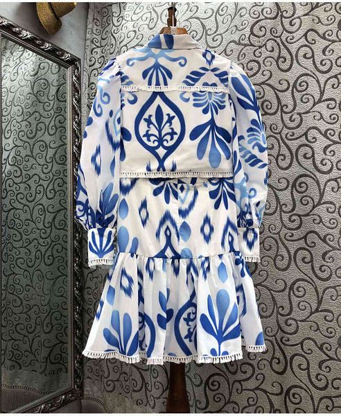 pants suits spring summer casual 2 piece women tassel bow shirts+vintage print a-line skirt set crop, White 
pants suits spring summer casual 2 piece women tassel bow shirts+vintage print a-line skirt set crop, White