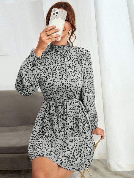 allover print frill trim belted dress s0of#, Black;gray
allover print frill trim belted dress s0of#, Black;gray