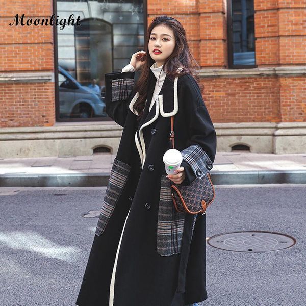 women's wool & blends vintage patchwork plaid woolen jacket woman korean style double breasted oversized long coats female winter loose, Black
women's wool & blends vintage patchwork plaid woolen jacket woman korean style double breasted oversized long coats female winter loose, Black