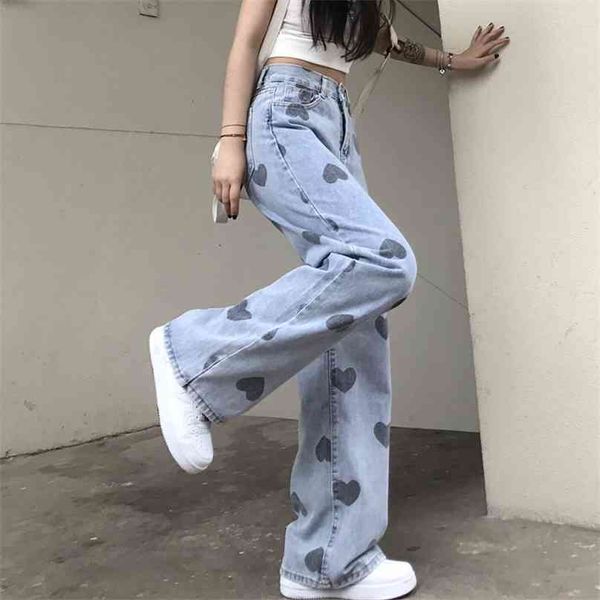 heart printing jeans women's summer fat sister large size high waist loose straight-leg wide-leg pants fashion 210922, Blue 
heart printing jeans women's summer fat sister large size high waist loose straight-leg wide-leg pants fashion 210922, Blue