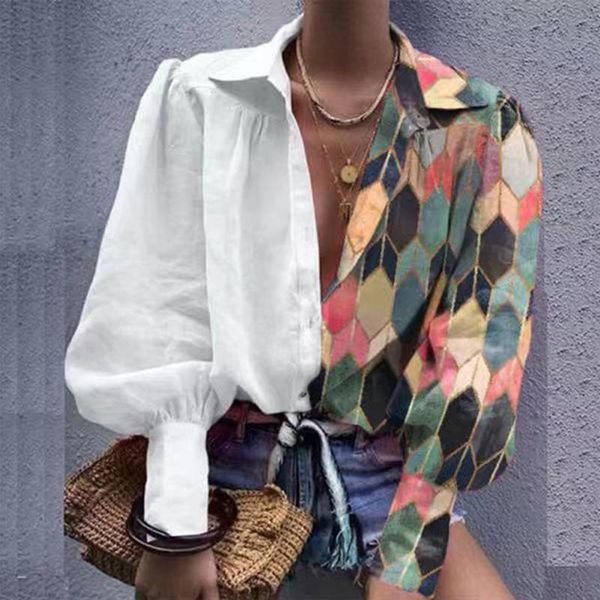 women's t-shirt 2021 spring summer ladies printed contrast shirt loose personality women fashion lantern sleeve lapel blouses, White
women's t-shirt 2021 spring summer ladies printed contrast shirt loose personality women fashion lantern sleeve lapel blouses, White
