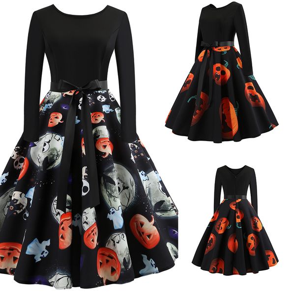 halloween round neck retro print long-sleeved big swing dress, Black;gray