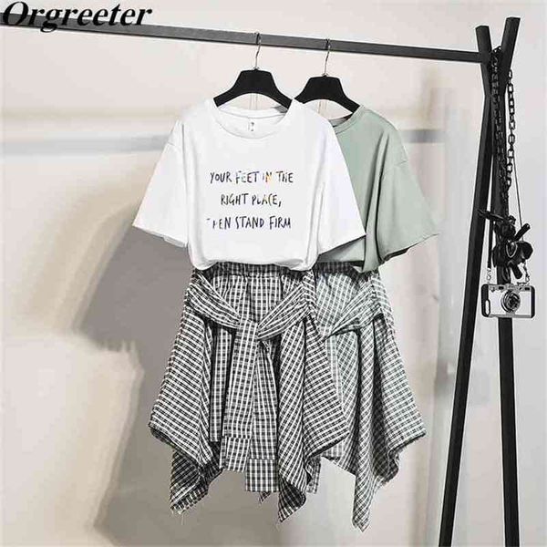 summer two piece student set women's letter printted t shirt and elastic waist irregular cross strap plaid skirt suits 210602, Black;white
summer two piece student set women's letter printted t shirt and elastic waist irregular cross strap plaid skirt suits 210602, Black;white