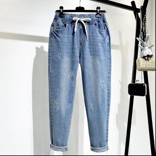 ripped high waist plus size women jean loose full length drawstring mom harem denim pants, Blue
ripped high waist plus size women jean loose full length drawstring mom harem denim pants, Blue