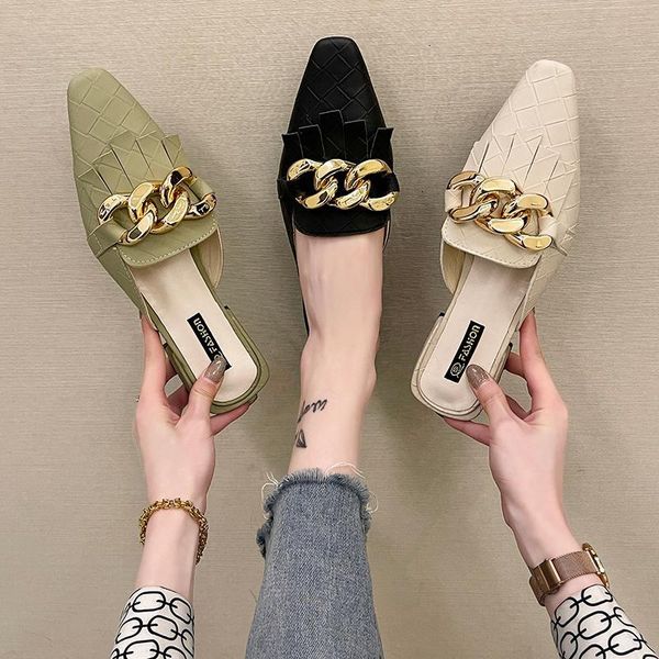 slippers shoes woman cover toe fringe female mules low pointed chain pu fabric rubber slides hoof heels sho zuxj, Black
slippers shoes woman cover toe fringe female mules low pointed chain pu fabric rubber slides hoof heels sho zuxj, Black