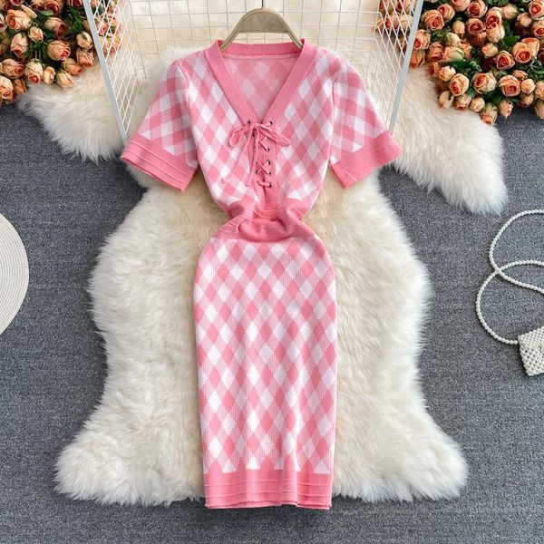 casual dresses girl pink v-neck plaid dress short sleeve summer waist slim fashion elastic tight knit bag hip, Black;gray
casual dresses girl pink v-neck plaid dress short sleeve summer waist slim fashion elastic tight knit bag hip, Black;gray