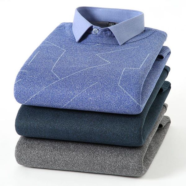 men's sweaters plus velvet warm shirt sweater 2021 winter business fashion fake two-piece pullover male brand knitwear, White;black 
men's sweaters plus velvet warm shirt sweater 2021 winter business fashion fake two-piece pullover male brand knitwear, White;black