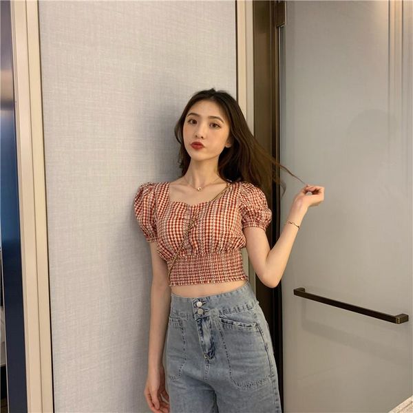 women retro ballet plaid printed shirt sleeve square collar short blouse summer self-cultivation crop women's blouses & shirts, White
women retro ballet plaid printed shirt sleeve square collar short blouse summer self-cultivation crop women's blouses & shirts, White