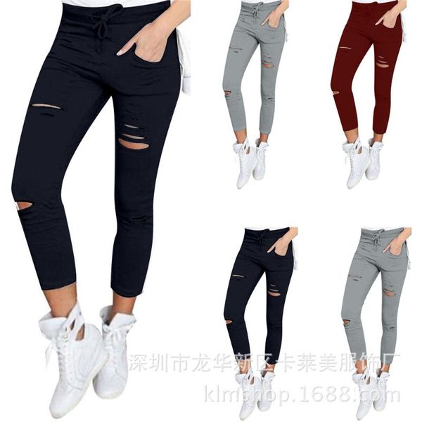 women's leggings plus size solid color drawstring high waist pencil pants ripped skinny elastic thin-section for women, Black
women's leggings plus size solid color drawstring high waist pencil pants ripped skinny elastic thin-section for women, Black