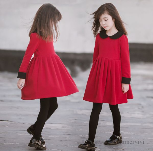 big girls red pleated dresses kids contrast color doll collar long sleeve dress christmas children princess clothing q2288, Red;yellow
big girls red pleated dresses kids contrast color doll collar long sleeve dress christmas children princess clothing q2288, Red;yellow