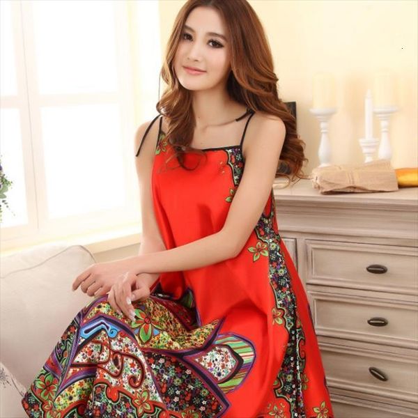 fashion summer silk women sleepwear nightdress printed spaghetti strap full dress plus size diagonal flowers nightgown sleepshirts, Black;red 
fashion summer silk women sleepwear nightdress printed spaghetti strap full dress plus size diagonal flowers nightgown sleepshirts, Black;red