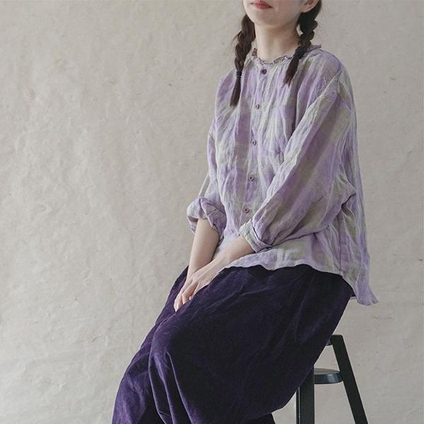 women artsy plaid shirt 2021 spring autumn french style stand collar loose linen casual cardigan p357 women's blouses & shirts, White
women artsy plaid shirt 2021 spring autumn french style stand collar loose linen casual cardigan p357 women's blouses & shirts, White