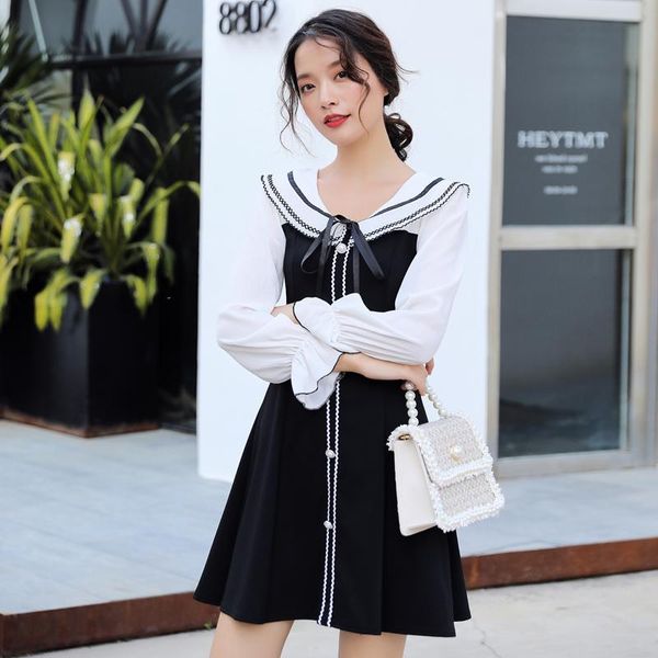 #5446 spring autumn black with white spliced chiffon a-line dress women buttons vestido casual office mini slim tide dresses, Black;gray
#5446 spring autumn black with white spliced chiffon a-line dress women buttons vestido casual office mini slim tide dresses, Black;gray