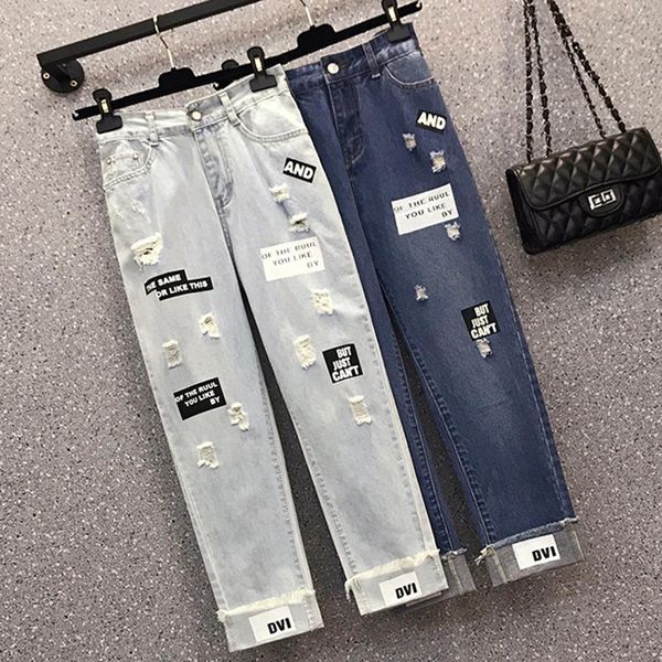 letter print fashion ankle length jeans women high waist straight hole ripped plus size denim pants curling women's, Blue
letter print fashion ankle length jeans women high waist straight hole ripped plus size denim pants curling women's, Blue