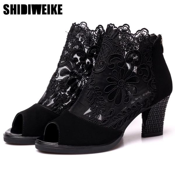 summer mesh peep toe sandals heels single shoes women in europe and america 2021 spring gauze n731, Black