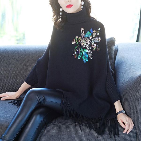 women's sweaters mexemara fashion autumn and winter high collar beaded sequin sweater cloak bat shirt female, White;black
women's sweaters mexemara fashion autumn and winter high collar beaded sequin sweater cloak bat shirt female, White;black