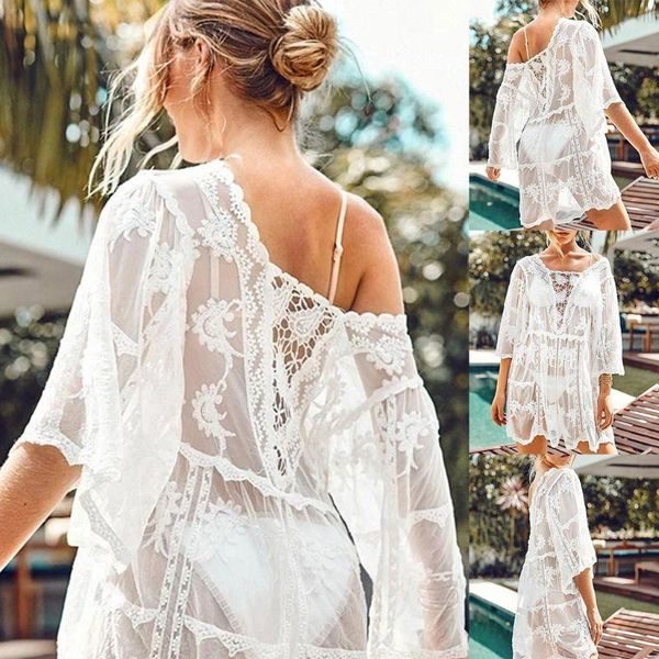 women's swimwear womens see-through floral lace swimsuit cover up off shoulder crochet hollow out pullover loose white mini beach dress, White;black
women's swimwear womens see-through floral lace swimsuit cover up off shoulder crochet hollow out pullover loose white mini beach dress, White;black