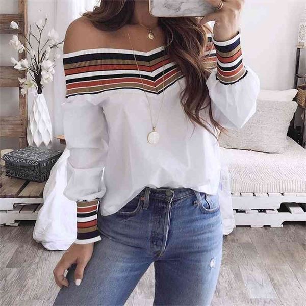women's knits & tees autumn off the shoulder long sleeve blouse striped shirt women casual knitted patchwork ladies stre, White
women's knits & tees autumn off the shoulder long sleeve blouse striped shirt women casual knitted patchwork ladies stre, White