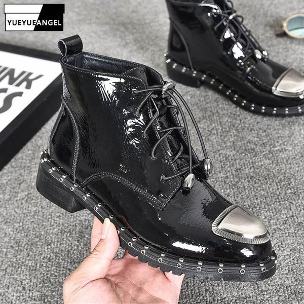 british style winter rivet round toe boots women punk lace up patent leather thick heel ankle street fashion flat, Black
british style winter rivet round toe boots women punk lace up patent leather thick heel ankle street fashion flat, Black