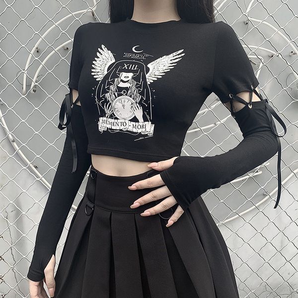 tees women's t-shirt 22188p dark wind slim fitting exposed navel t-shirt lace up stitching long sleeve print female student, White
tees women's t-shirt 22188p dark wind slim fitting exposed navel t-shirt lace up stitching long sleeve print female student, White