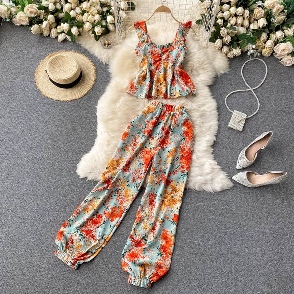 women's two piece pants bohemian floral print set new chic sleeveless short camis + elastic waist ankle-length women clothing, White
women's two piece pants bohemian floral print set new chic sleeveless short camis + elastic waist ankle-length women clothing, White