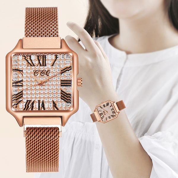 new stylish wristwatches rose gold alloy square women watch steel magnetic mesh watchband full crystal dial roman numeral quartz wristwatch, Slivery;brown
new stylish wristwatches rose gold alloy square women watch steel magnetic mesh watchband full crystal dial roman numeral quartz wristwatch, Slivery;brown