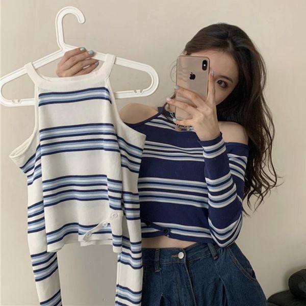 women's sweaters halter neck off shoulder knit striped crop women spring autumn long sleeve thin sweater korean style slim pullove, White;black
women's sweaters halter neck off shoulder knit striped crop women spring autumn long sleeve thin sweater korean style slim pullove, White;black