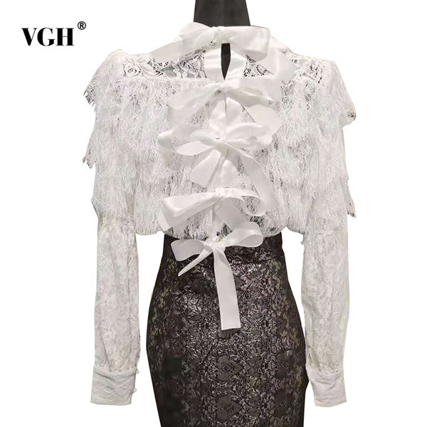 vgh elegant lace patchwork bowknot shirt for women lapel long sleeve white blouse female fashion new clothing autumn style 210421 
vgh elegant lace patchwork bowknot shirt for women lapel long sleeve white blouse female fashion new clothing autumn style 210421