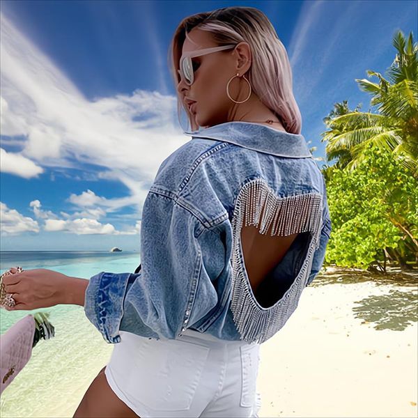 women's jackets 2021 denim jacket female light blue diamond tassel coat single-breasted open back women jeans autumn fashion clothing, Black;brown
women's jackets 2021 denim jacket female light blue diamond tassel coat single-breasted open back women jeans autumn fashion clothing, Black;brown