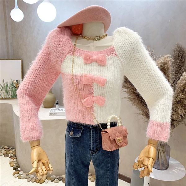 women's sweaters clothing 2021 autumn winter long sleeved contrast bow design short sweater knit shirt top, White;black
women's sweaters clothing 2021 autumn winter long sleeved contrast bow design short sweater knit shirt top, White;black